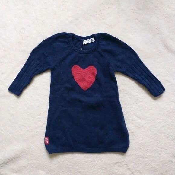 Sucre D'Orge Sweater Dress Baby Girl 6M BlueRed Heart Cotton Angora Knit KeyHole - Picture 1 of 8